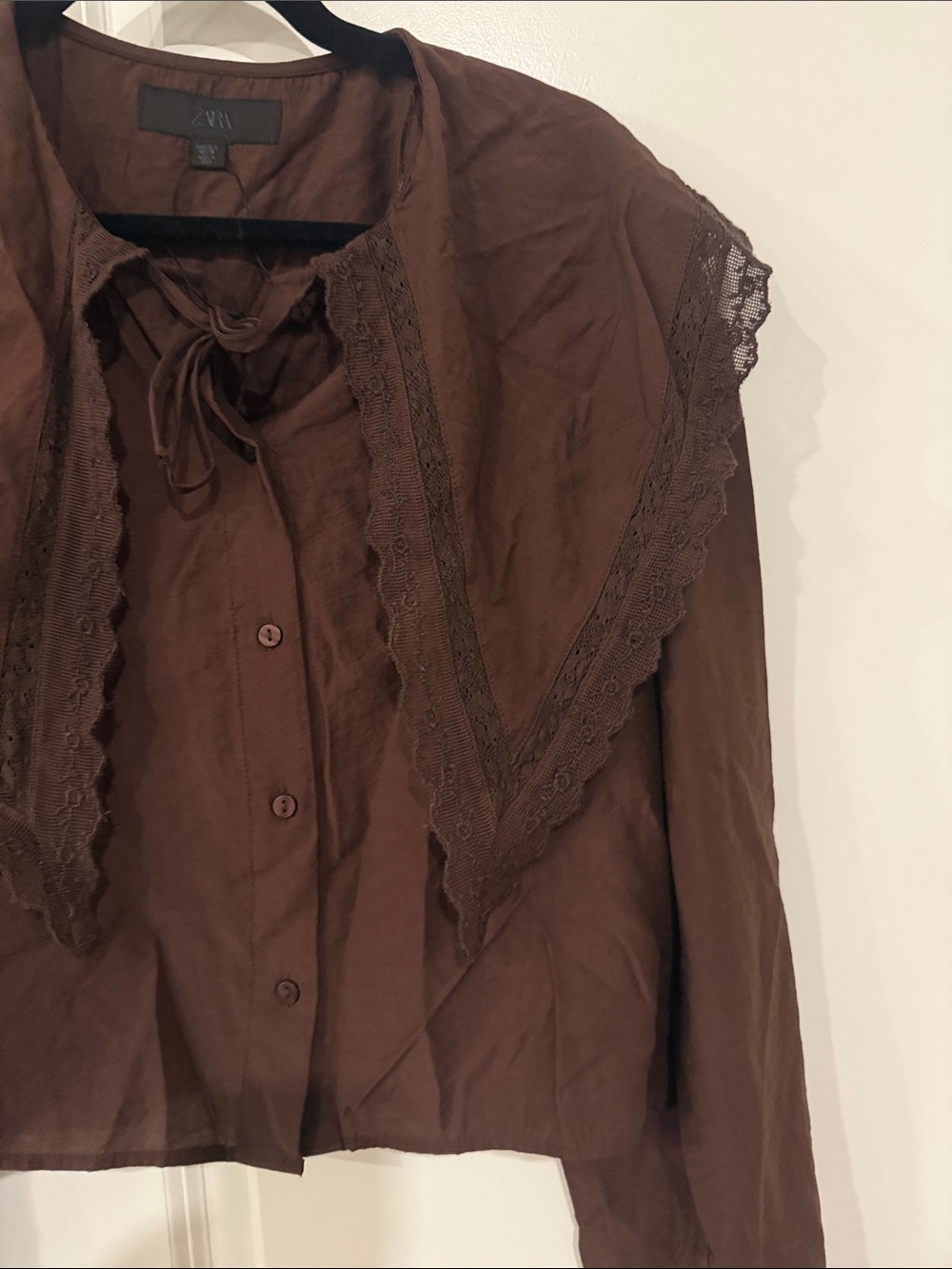 Zara Flowy Brown Lace-Trim Peter Pan Button-Down Blouse size S - Picture 4 of 9